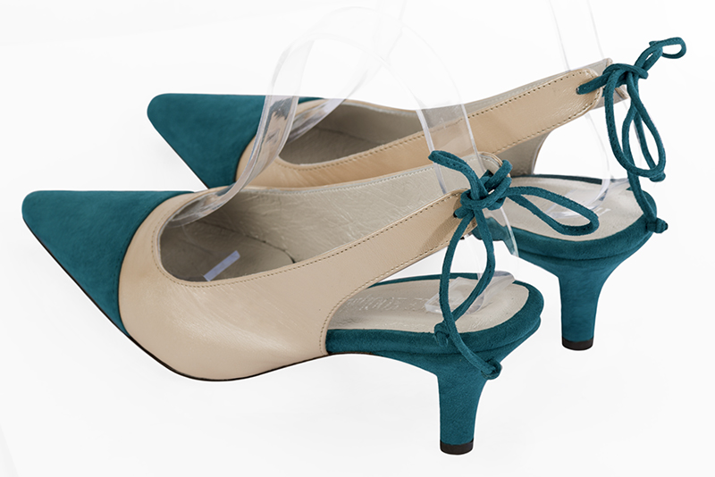 Peacock blue and gold women's slingback shoes. Pointed toe. Medium slim heel. Rear view - Florence KOOIJMAN